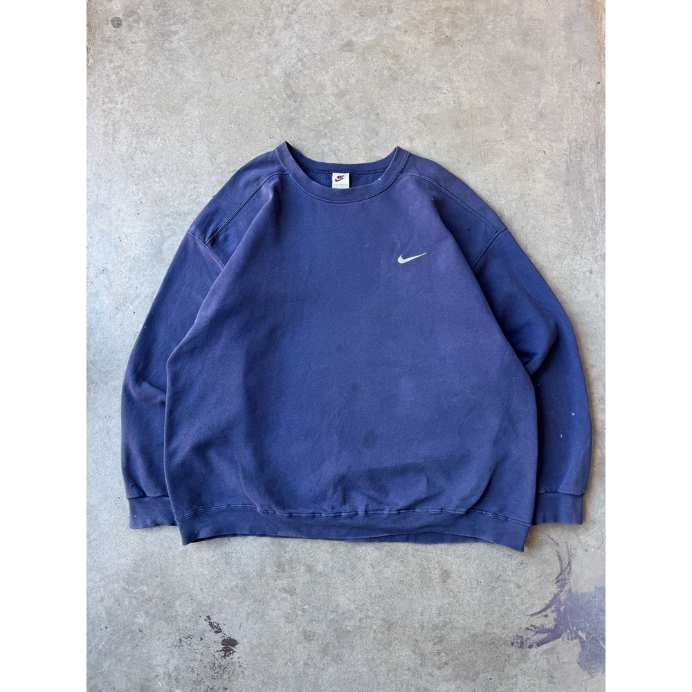 Vintage 90s Nike Distressed Navy Blue Blank Essential Crewneck Sweater XXL